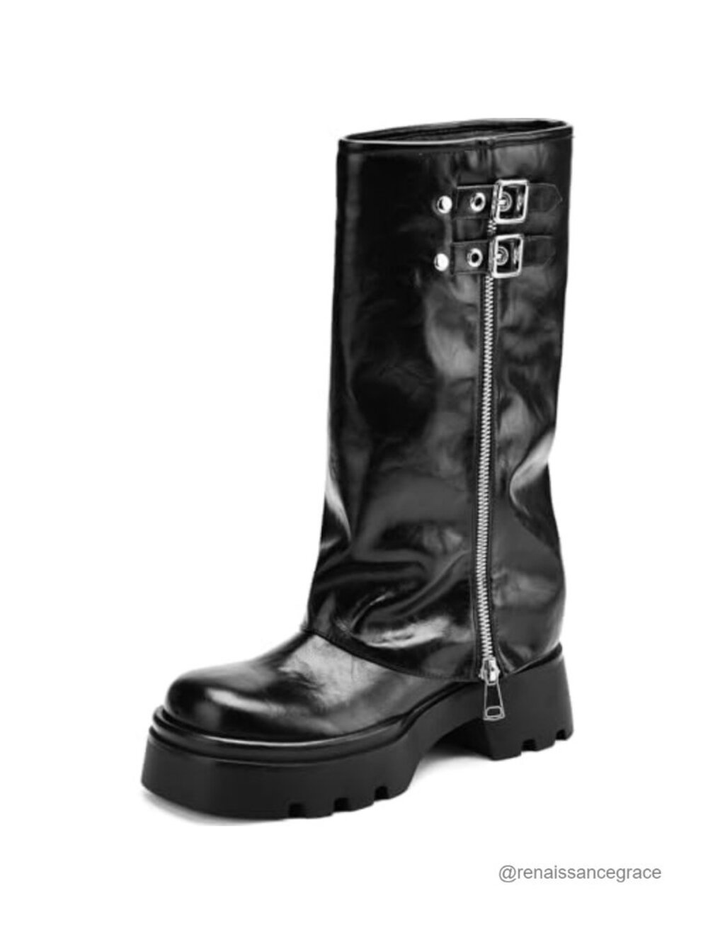 Women's Knee High Moto Riding Boots Fold Over Block Heel Platform